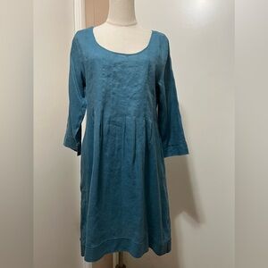 SOFT SURROUNDINGS High Low Dress 100% Linen 3/4 Sleeve Lagenlook Boho Blue Small